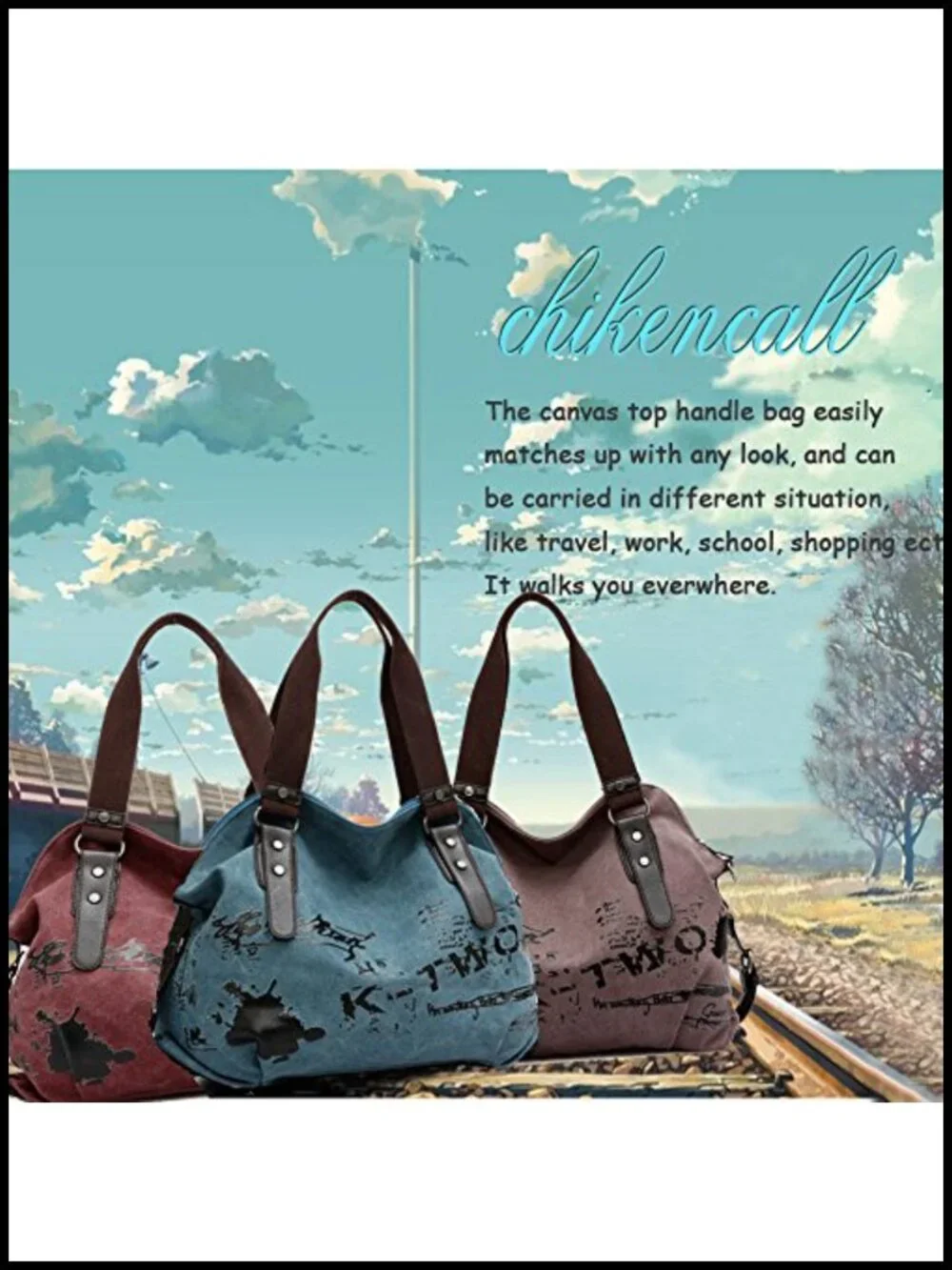 Vintage Hobo Canvas Tote Bag with Vegan Leather Trim, Adjustable Strap, Zip